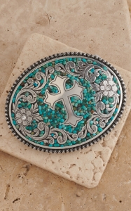 Nocona® Turquoise Stones w/ Silver Cross & Flowers Western Belt Buckle