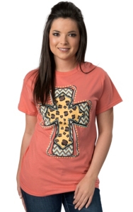 Cattilac Style Women's Coral Leopard and Chevron Short Sleeve Tee