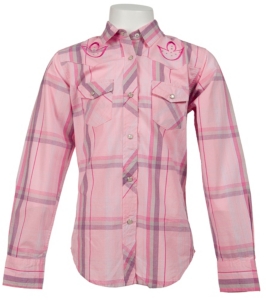Cowgirl Hardware® Girl's Pink and Purple Plaid w/ Butterfly Embroidery Long Sleeve Western Shirt