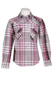 Cowgirl Hardware® Girl's Purple, Pink & Brown Plaid w/ Turquoise Zebra Cross Long Sleeve Western Shirt