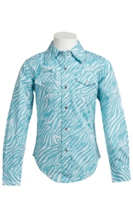 Cowgirl Hardware® Girl's Turquoise & White Zebra w/ Stud Hearts Long Sleeve Western Shirt