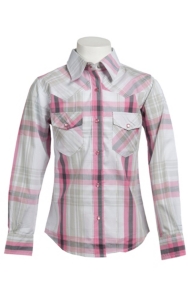 Cowgirl Hardware® Girl's Grey, Pink & White Plaid w/ Rhinestud Heart Long Sleeve Western Shirt