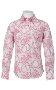 Cowgirl Hardware® Girl's White w/ Pink Damask & Horseshoe Long Sleeve Western Shirt