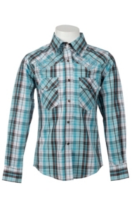 Cowgirl Hardware® Girl's Turquoise, Chocolate & White Plaid Long Sleeve Western Shirt