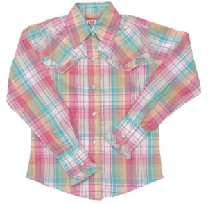 09 Apparel® Girls Pink and Tuquoise Plaid Long Sleeve Western Shirt
