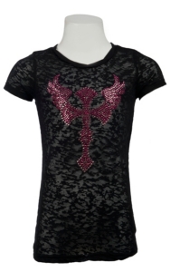 Cowgirl Hardware® Girls Black w/ Pink Stud Winged Cross S/S Burnout Tee