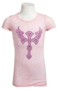 Cowgirl Hardware® Girls Light Pink with Multi Pink Stud Winged Cross Short Sleeve Burnout Tee