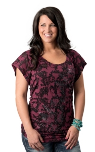 Rock & Roll Cowgirl® Women's Pink and Black with Studs and Rouched Sides Short Sleeve Burnout Fashion Top