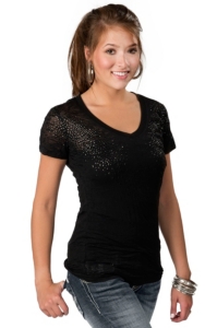 Rock & Roll Cowgirl® Women's Black Burnout with Black Studs V-Neck Short Sleeve Tee