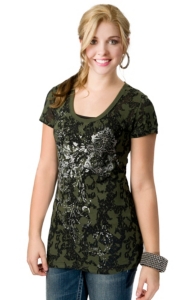 Rock & Roll Cowgirl® Women's Olive Green and Black with Silver Winged Cross Short Sleeve Burnout Tee