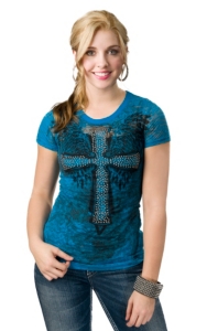 Rock & Roll Cowgirl® Women's Turquoise with Black Winged Cross Burnout Short Sleeve Tee