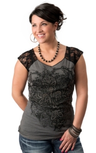 Rock & Roll Cowgirl® Women's Grey with Black Fleur Cross and Lace Short Sleeves Fashion Top