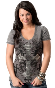 Rock and Roll Cowgirl® Women's Heather Gray with Rhinestone Winged Cross Short Sleeve Tee