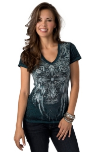 Rock & Roll Cowgirl® Women's Teal with Winged Cross and Roses and Sequins Short Sleeve Burnout Tee
