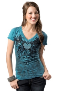 Rock & Roll Cowgirl® Women's Turquoise with Black Winged Heart Burnout Short Sleeve Tee - Plus Sizes
