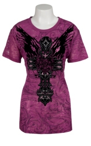 Rock & Roll Cowgirl® Women's Purple w/ Black Winged Tribal Cross Burnout Short Sleeve Tee - Plus Sizes
