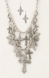 Cattilac Style® Silver Chain w/ Multiple Cross Charms Jewelry Set