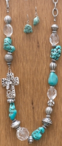Cattilac Style®  Turquoise Stones w/ Beads and Cross Necklace and Earrings Jewelry Set