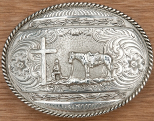 Montana Silversmiths® Antiqued Barbed Edge with Christian Cowboy Oval Western Belt Buckle