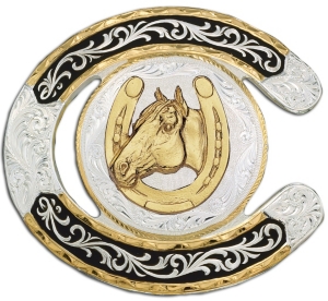 Montana Silversmiths® Horseshoe With Horse Two-toned Buckle