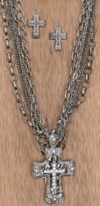 Cattilac Style® Silver 3D Crystal Cross w/ Multiple Chains Jewelry Set