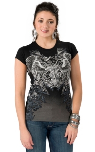 In Vein® Women's Black w/ Wings & Scroll Design Short Sleeve Tee