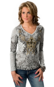 In Vein® Women's Grey w/ Gold Cross & Chains Design Long Sleeve V-Neck Tee
