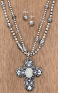 Cattlic Style® Silver Cross w/ Cream Stone Jewelry Set