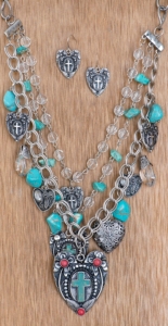 Cattilac Style® Silver Hearts w/ Cross Center Layered Charms Jewelry Set