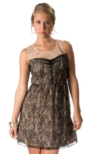 Young Essence® Women's Beige with Black Lace Overlay Sleeveless Dress