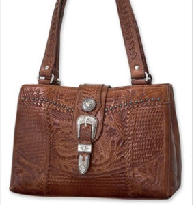 American West® Ladies Retro Romance Brown Tooled Leather Star Concho Shopper Handbag