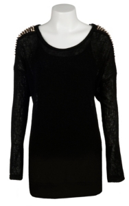 Moa Moa® Women's Black w/ Silver & Gold Spiked Shoulders Long Sleeve Fashion Top- Plus Sizes