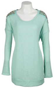 Moa Moa® Women's Mint w/ Silver & Gold Spiked Shoulders Long Sleeve Fashion Top- Plus Sizes