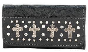 American West® Ladies Rock Star Black Hand Tooled Leather Tri-Fold with Cross Wallet