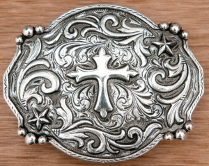 AndWest® Antiqued Silver Scrolling with Cross and Stars Belt Buckle