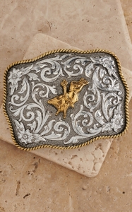 AndWest® Antiqued Silver Scrolling with Gold Bull Rider Belt Buckle