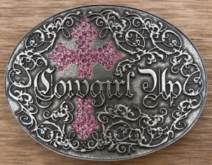 Montana Silversmiths® Silver Cowgirl Up with Pink Crystal Cross Oval Buckle