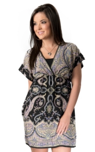 Angie® Women's Black with Pink and Yellow Paisley V-Neck Short Sleeve Tunic Dress