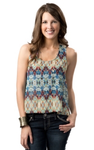 Ocean Drive® Women's Blue Multi Print Chiffon with a Crochet Mesh Back Sleeveless Fashion Top