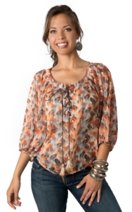 Umgee® Women's Orange and Brown Feather Print 3/4 Dolman Sleeve Chiffon Fashion Top