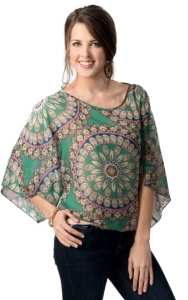 Ocean Drive® Women's Green Circle Print Boxy Open Shoulder Short Sleeve Fashion Top
