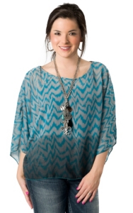 Ocean Drive® Women's Turquoise and Grey Zig Zag Boxy Open Shoulder Short Sleeve Fashion Top
