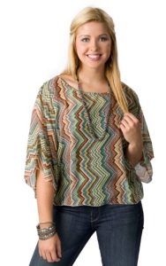 Ocean Drive® Women's Zig Zag Print Boxy Open Shoulder Short Sleeve Fashion Top