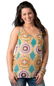 Umgee® Women's Turquoise with Orange and Purple Circle Print and Back Zipper Sleeveless Fashion Top