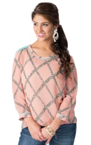 Umgee® Women's Pink with Mint Leopard Diamond Print Chiffon Long Sleeve Fashion Top