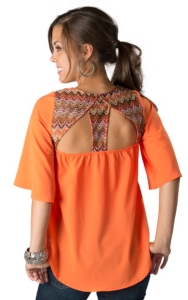 Umgee® Women's Orange with Multi-Colored Chevron Crochet Hi-Lo 3/4 Sleeves Fashion Top