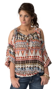 Umgee® Women's Cream with Coral, Brown and Blue Print 3/4 Dolman Cold Shoulder Sleeves Fashion Top
