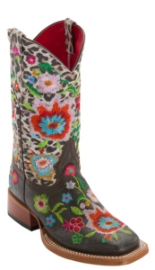 Anderson Bean® Kid's Chocolate Vintage w/ Snow Leopard & Multicolor Floral Embroidery Square Toe Boots