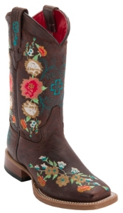 Anderson Bean® Kid's Vintage Brown w/ Striking Multicolored Floral Embroidery Square Toe Western Boots