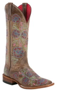 Anderson Bean® Macie Bean™ Ladies Brown w/ Pastel Floral Embroidery Square Toe Boots